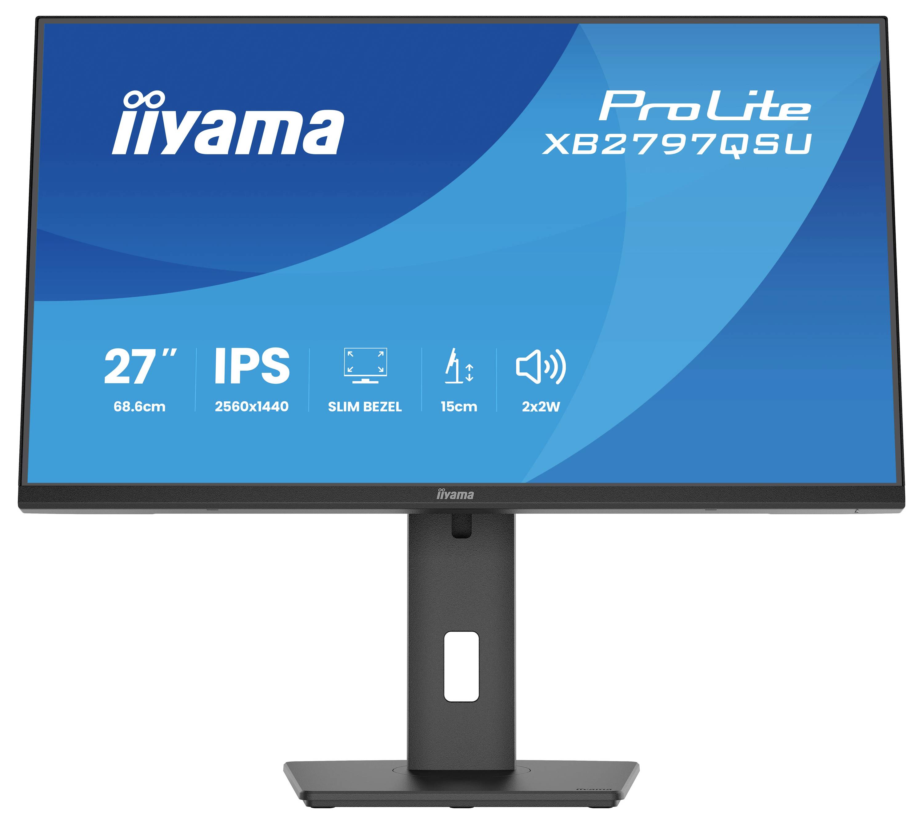 iiyama ProLite XB2797QSU monitor met een 27-inch IPS-display, 2560x1440 resolutie, smal bezels, in hoogte verstelbare standaard en luidsprekers.