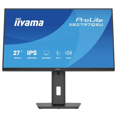iiyama ProLite XB2797QSU monitor met een 27-inch IPS-display, 2560x1440 resolutie, smal bezels, in hoogte verstelbare standaard en luidsprekers.