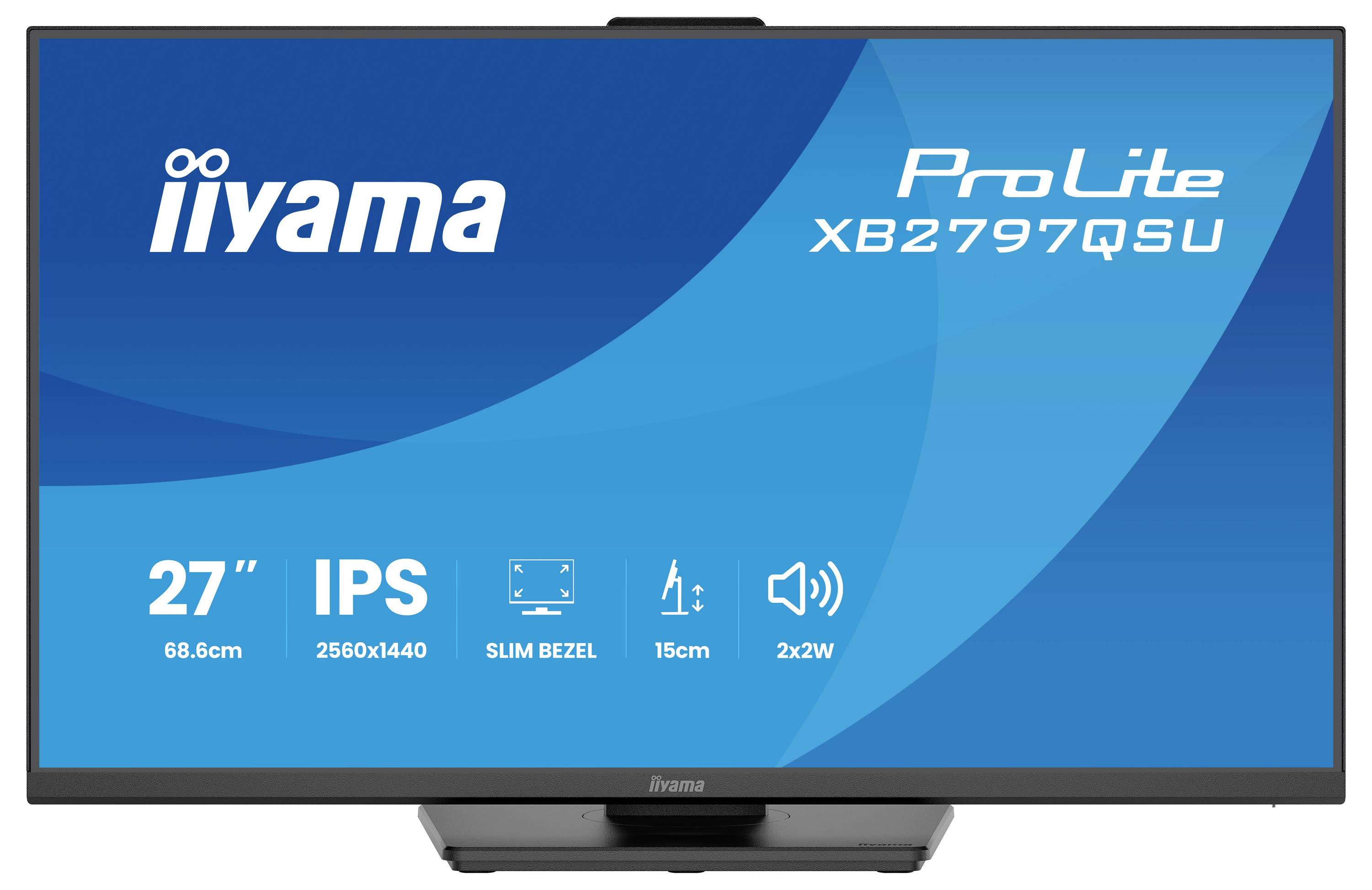 'Iiyama ProLite XB2797QSU' monitor, met een 27-inch scherm, 2560x1440 resolutie, smal bezel, en twee 2W speakers.