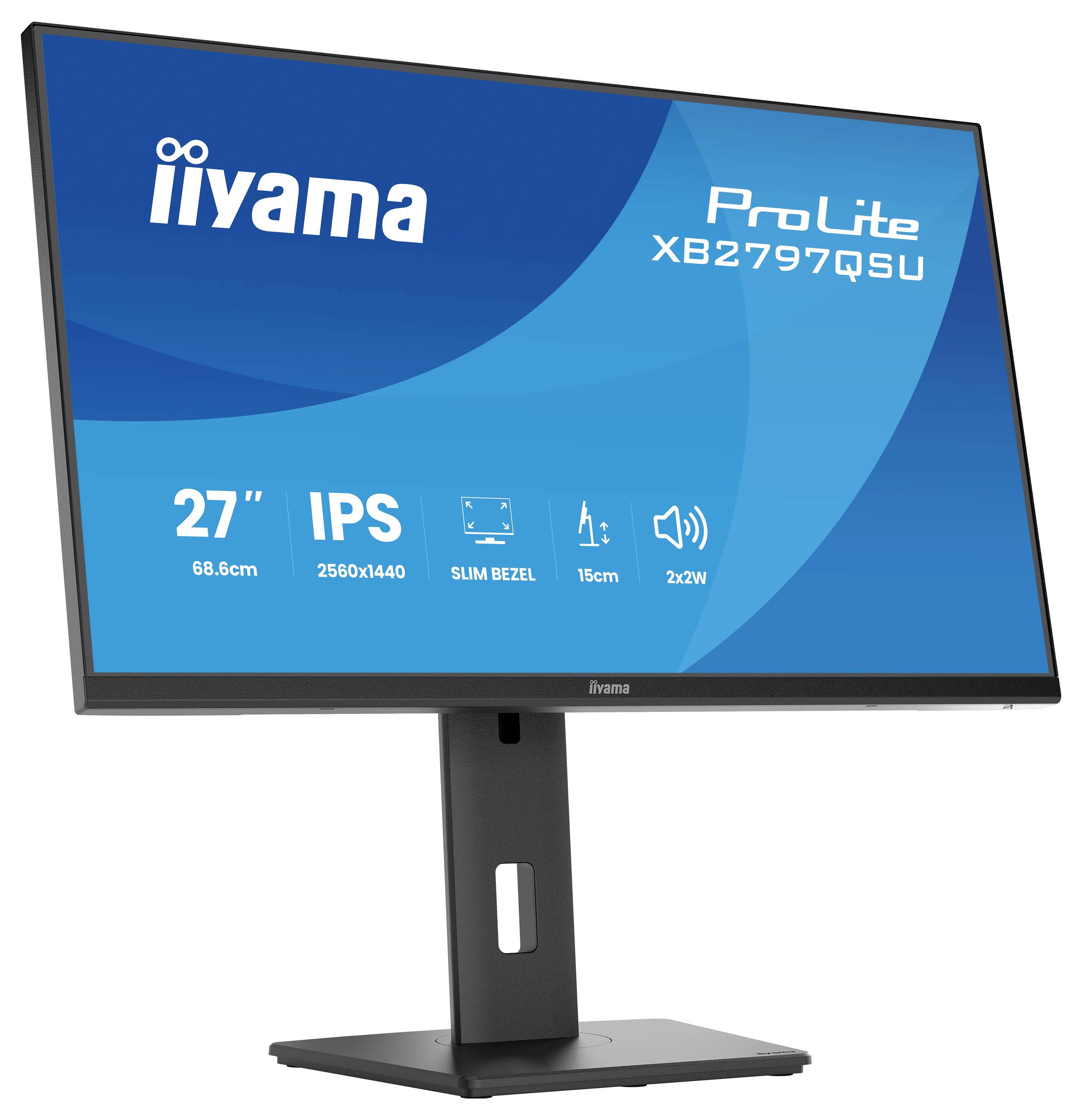 Iiyama ProLite XB2797QSU-monitor, 27-inch scherm, 2560x1440-resolutie, IPS-paneel, smal frame, verstelbare hoogte.