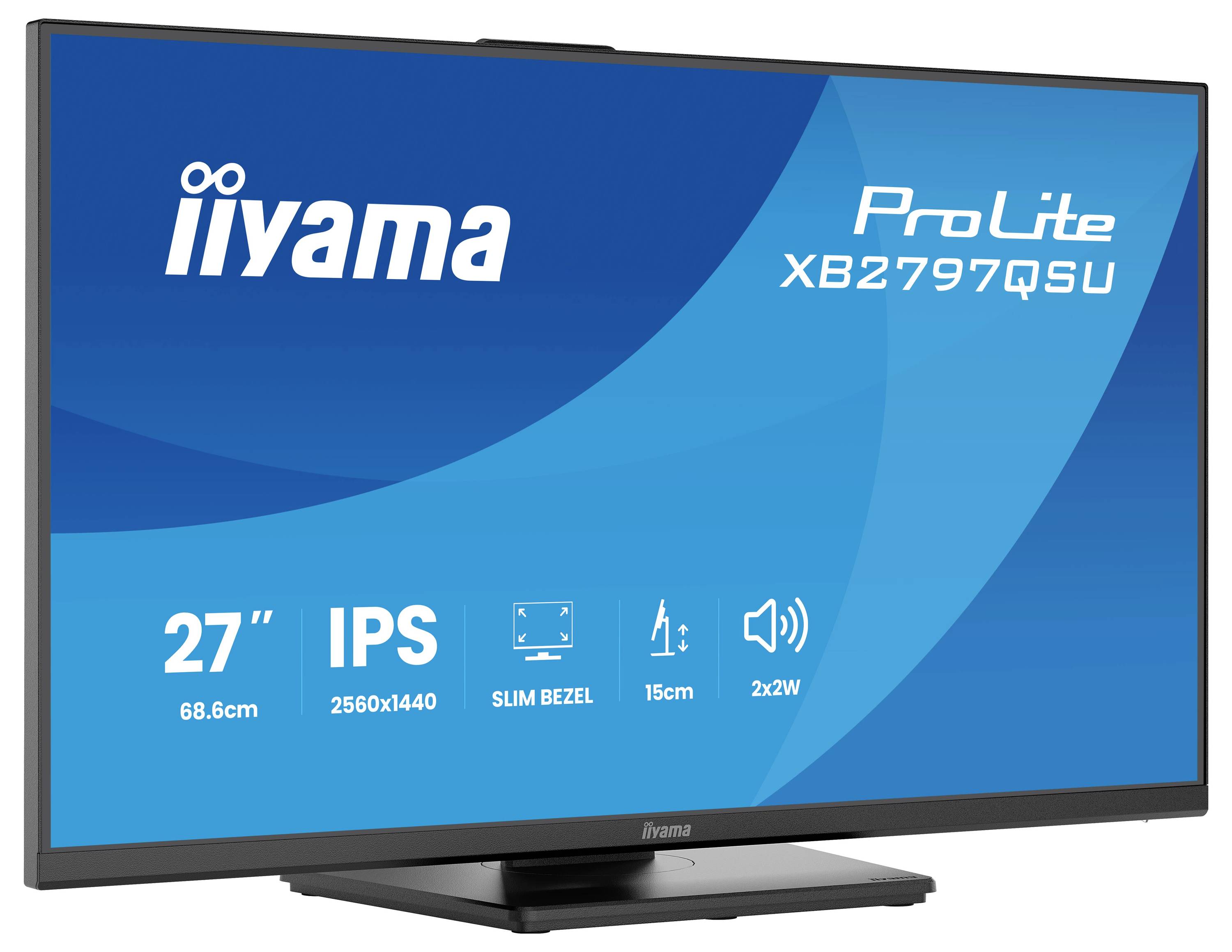 Iiyama ProLite XB2797QSU monitor: 27-inch, 2560x1440 resolutie, IPS-paneel, smal bezelrand, 15cm verstelbaar, 2x2W luidsprekers.
