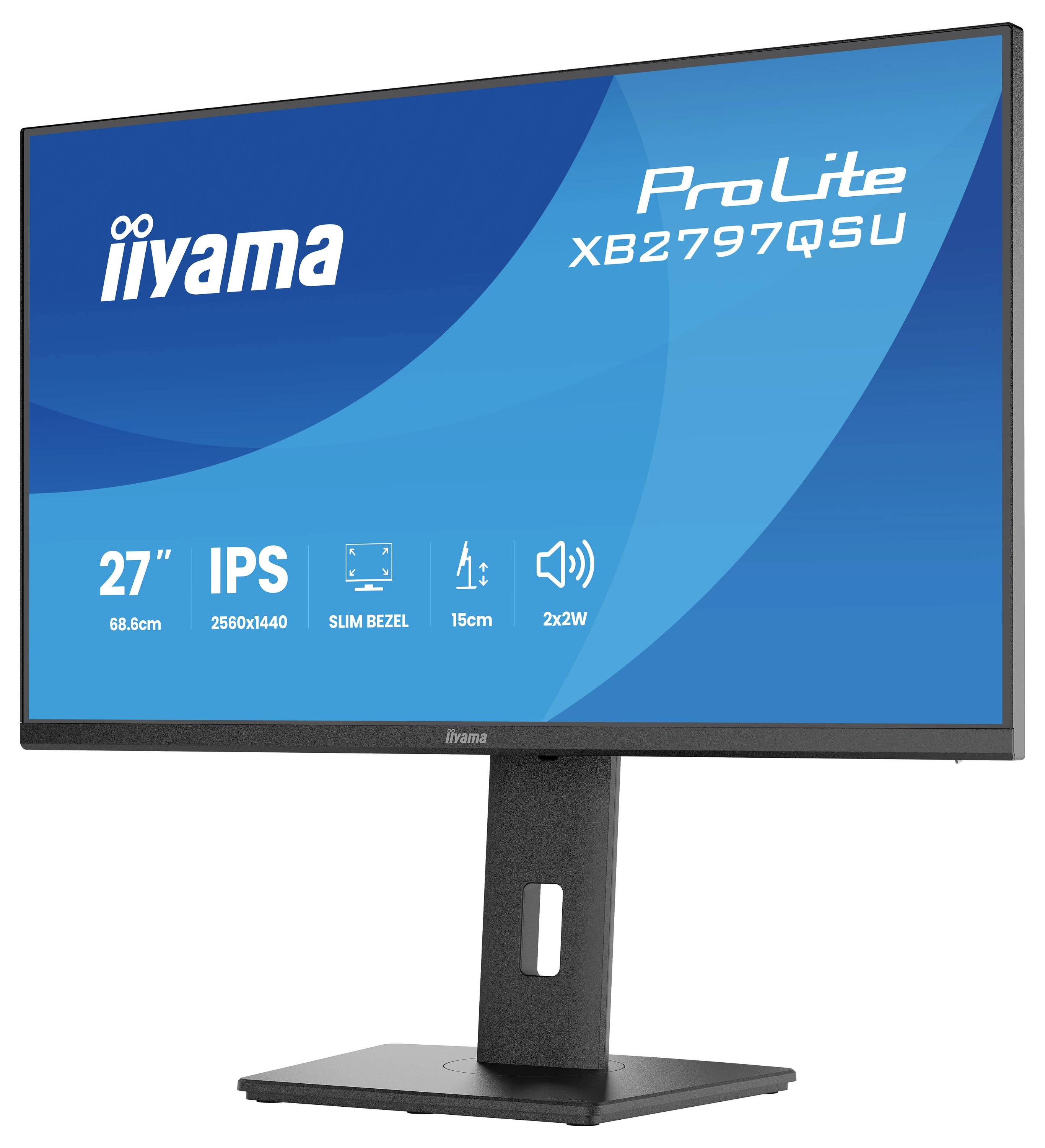 'Iiyama ProLite XB2797QSU monitor, 27-inch, 2560x1440 resolutie, IPS-scherm, smalle rand, verstelbare standaard, 2x2W speakers.'