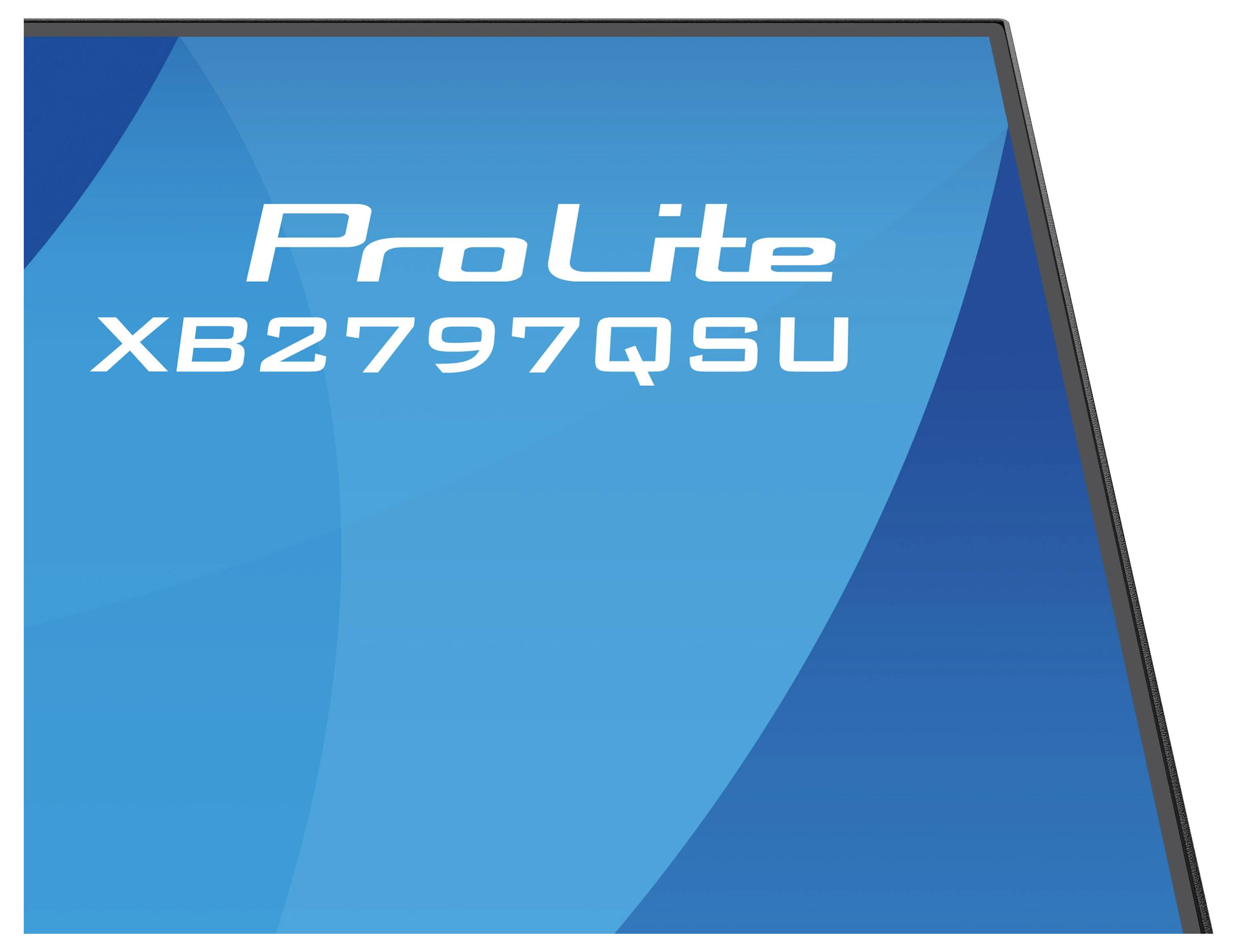 'Pro Lite XB2797QSU' tekst op een blauwe verloopachtergrond, waarschijnlijk het modelnaam van een product aangevend.