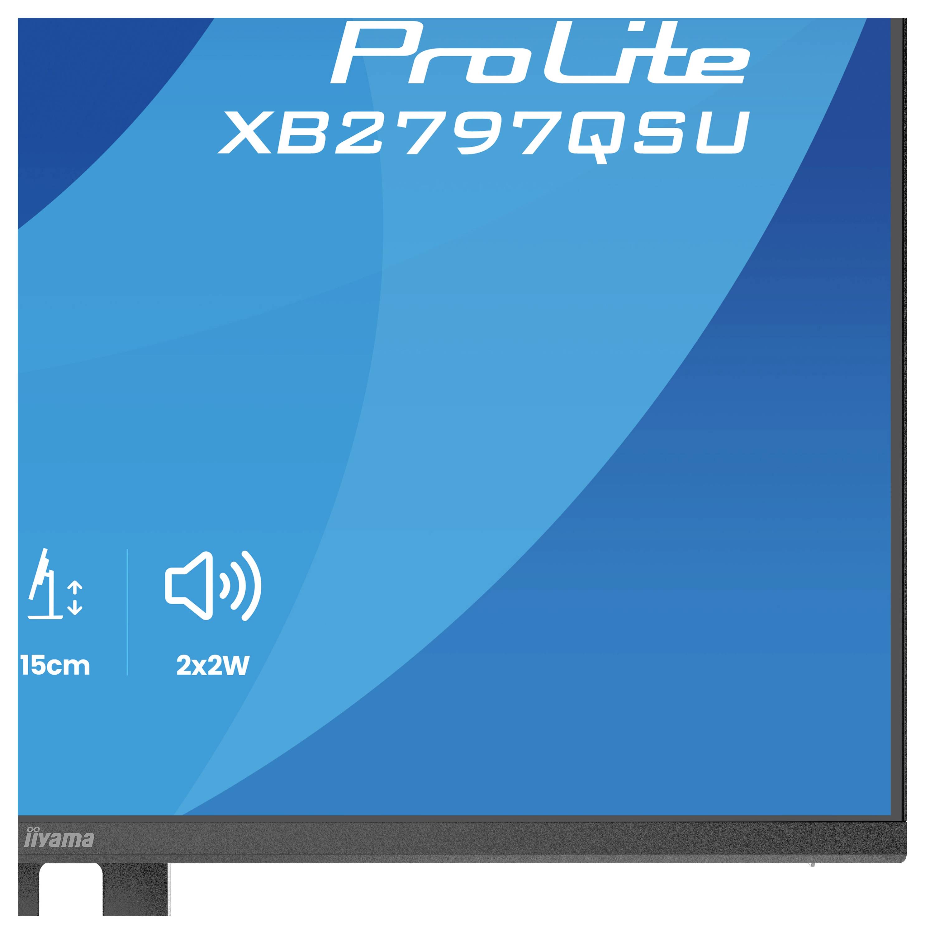 'ProLite XB2797QSU' tekst op een blauwe achtergrond met pictogrammen die '15cm kantel' en '2x2W luidsprekers' aangeven.