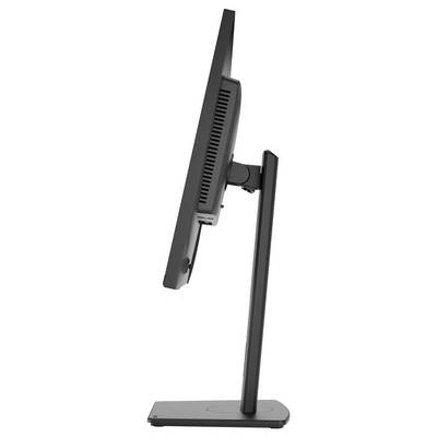 Zijaanzicht van een slanke, zwarte monitor op een rechthoekige standaard, met weergave van de verstelbare kantelbare functie.