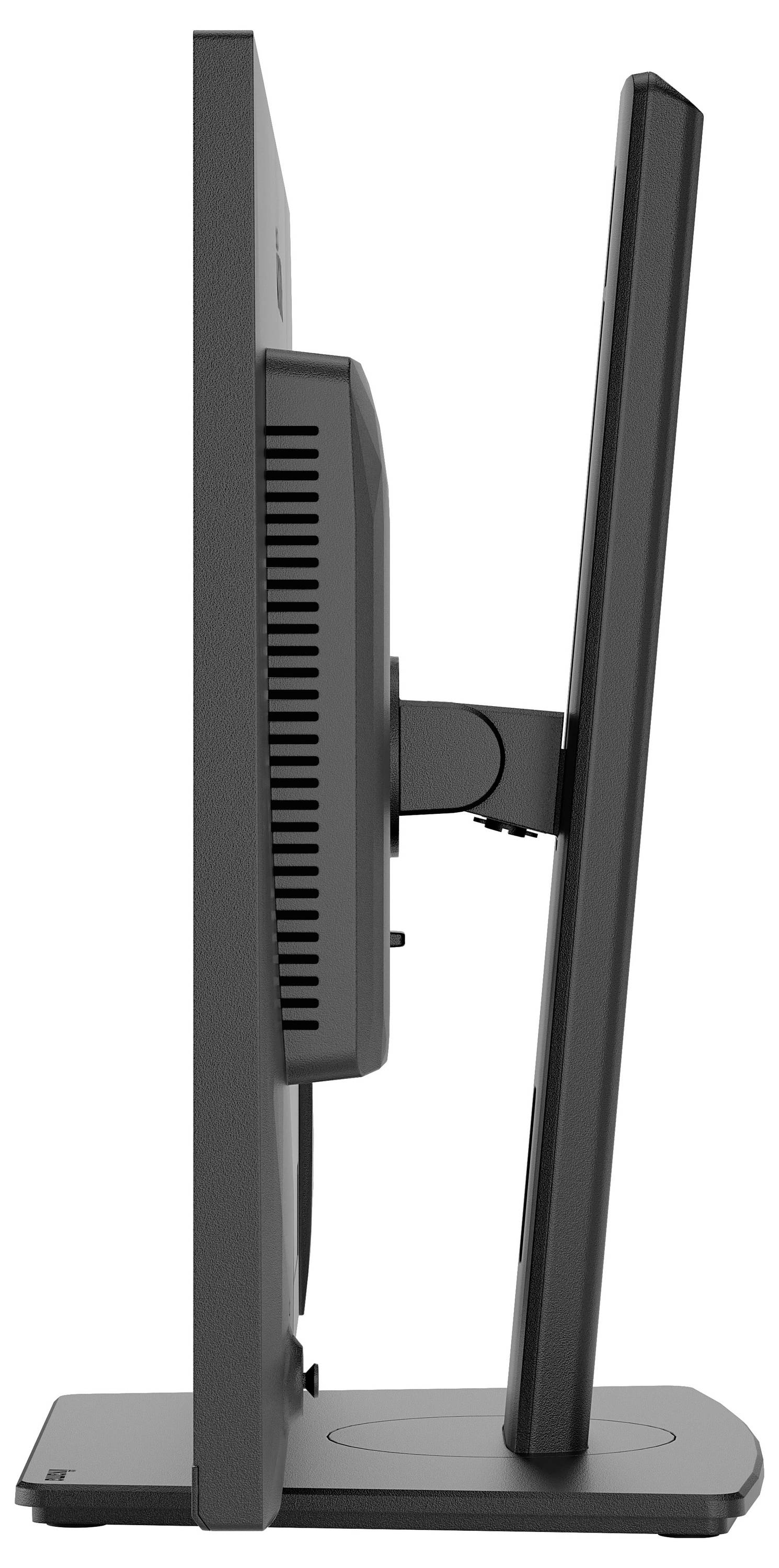 Zijkant van een dunne zwarte computermonitor op een standaard, met zicht op het slanke profiel en de verstelbare basis.