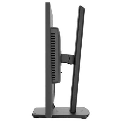 Zijkant van een dunne zwarte computermonitor op een standaard, met zicht op het slanke profiel en de verstelbare basis.