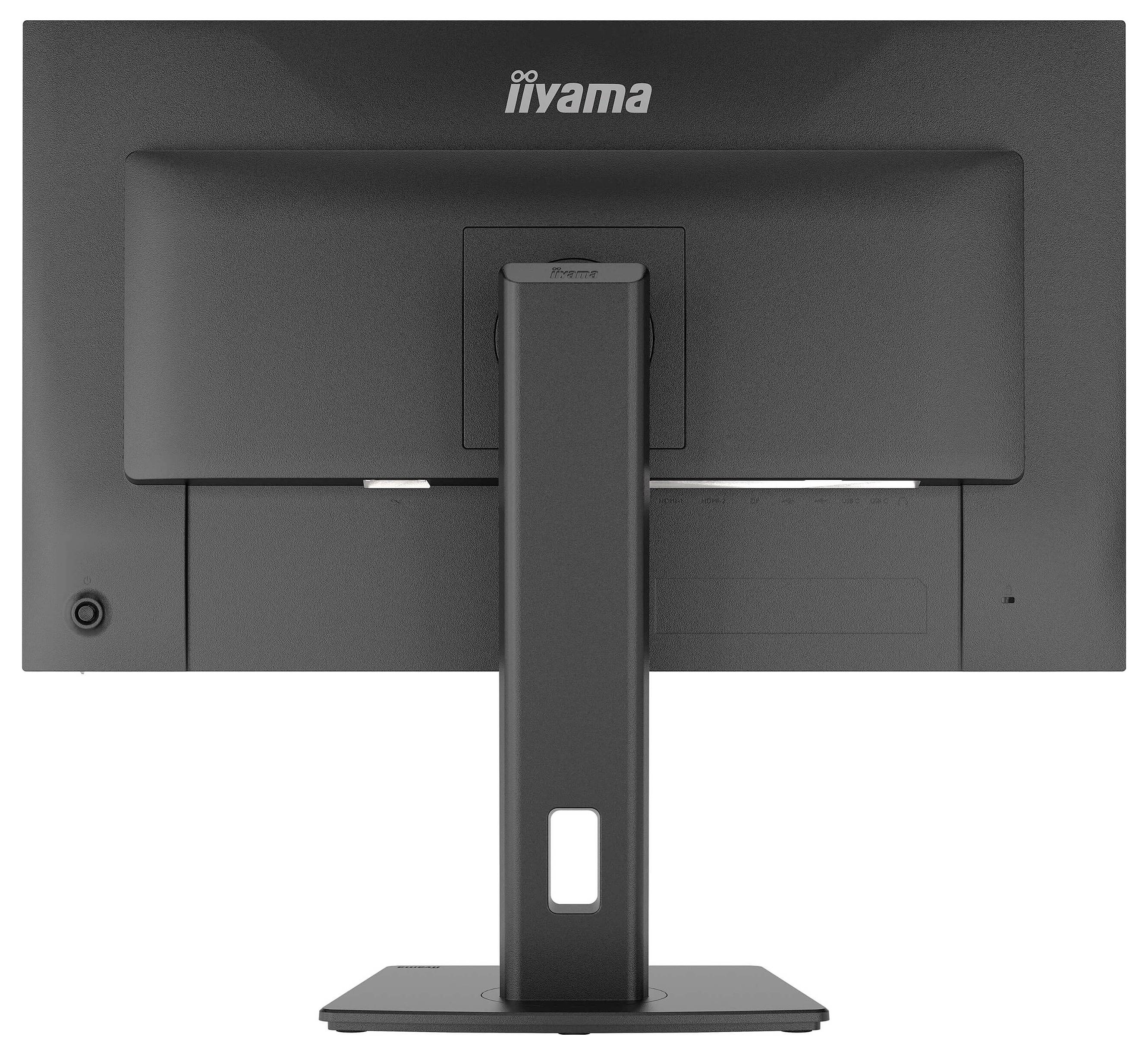 Achteraanzicht van een zwarte computermonitor op een standaard, met het iiyama-logo bovenaan en kabelbeheerfuncties op de standaard.
