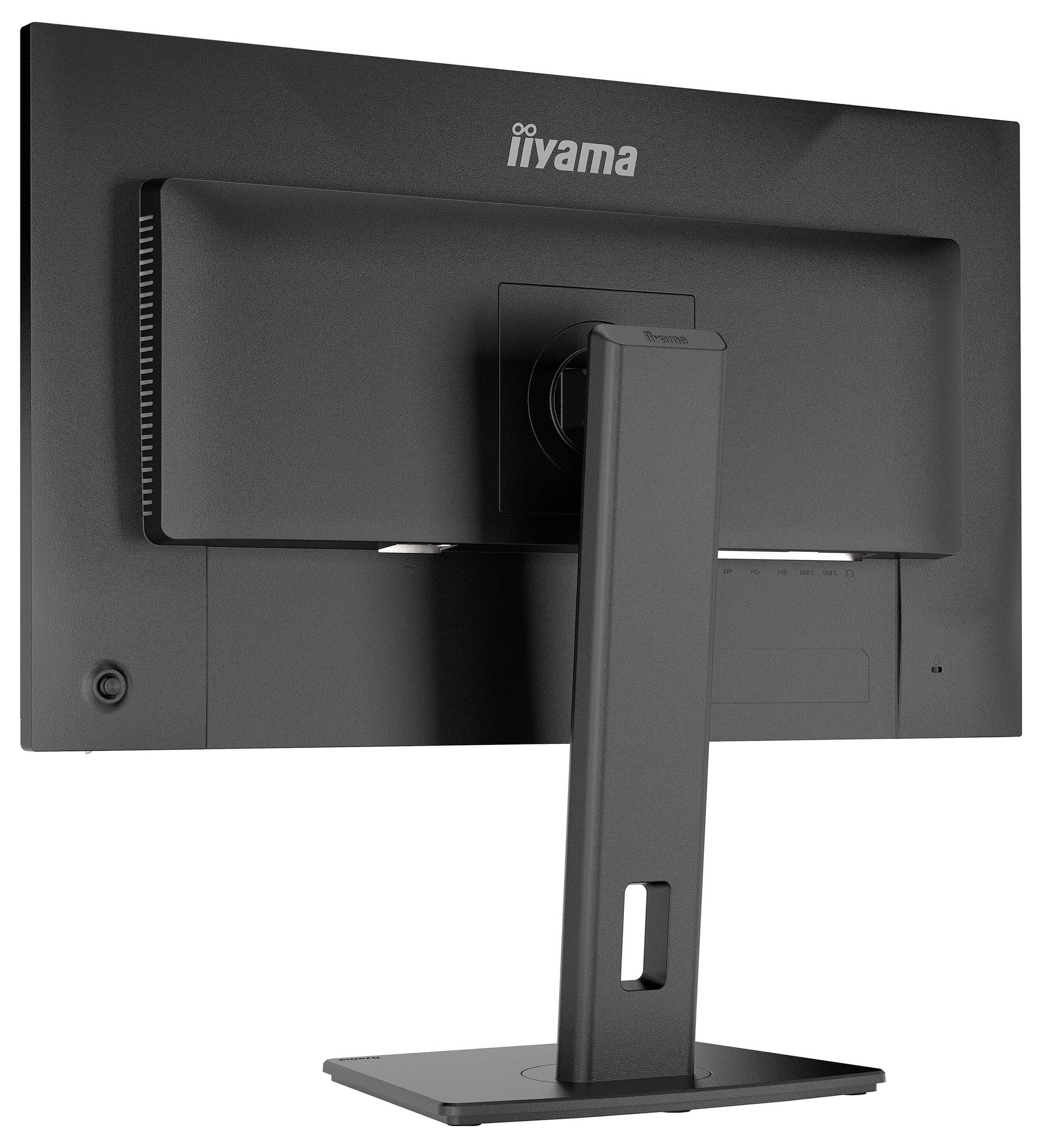 'Achterkant van een zwarte iiyama-monitor met verstelbare standaard, met zichtbare poorten en ergonomisch ontwerp.'