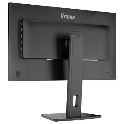 'Achterkant van een zwarte iiyama-monitor met verstelbare standaard, met zichtbare poorten en ergonomisch ontwerp.'