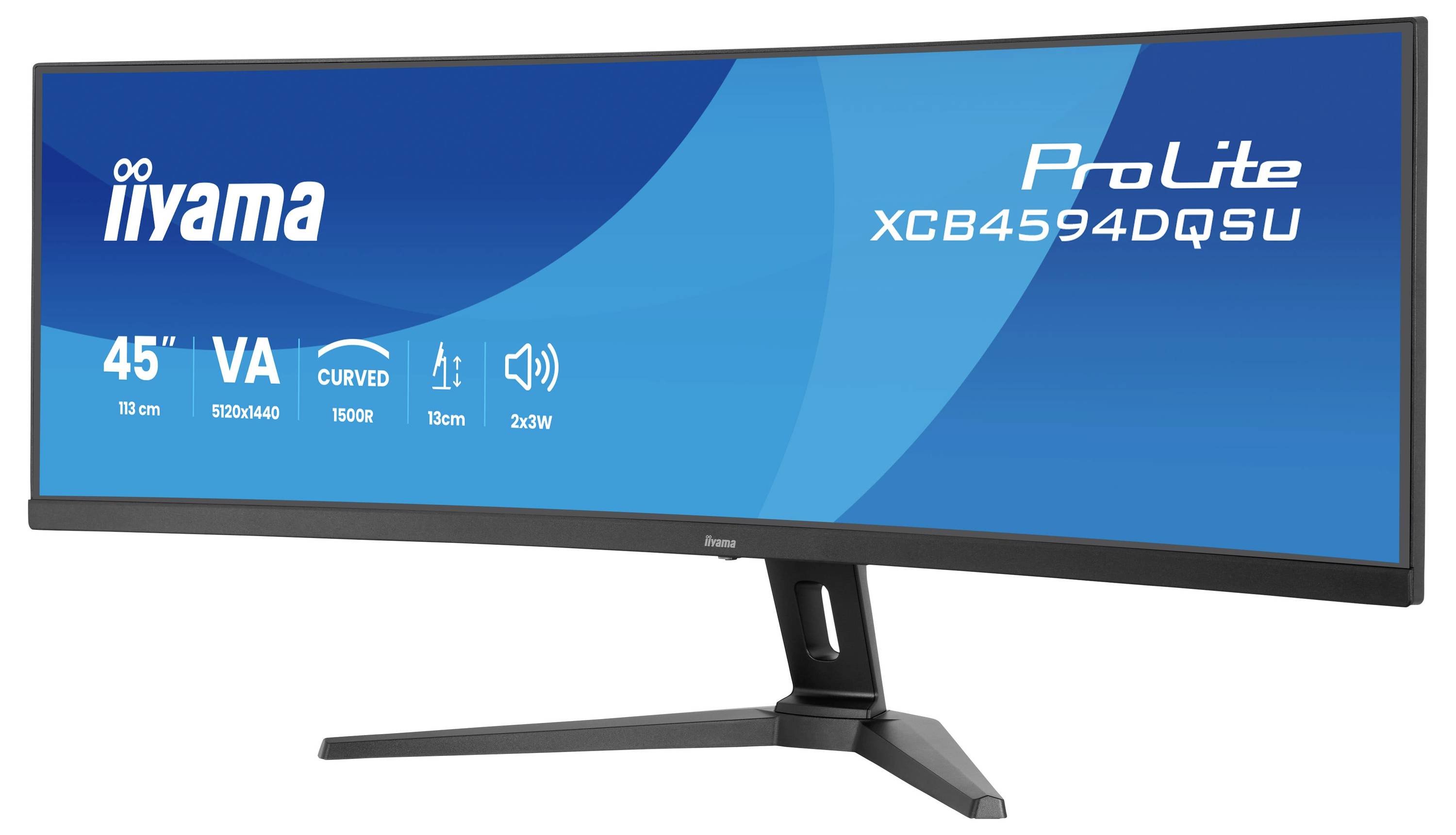 Een brede, gebogen 45-inch monitor van iiyama. Model: ProLite XCB4594DQSU met VA-paneel, 5120x1440 resolutie, 1500R kromming, 32W vermogen.