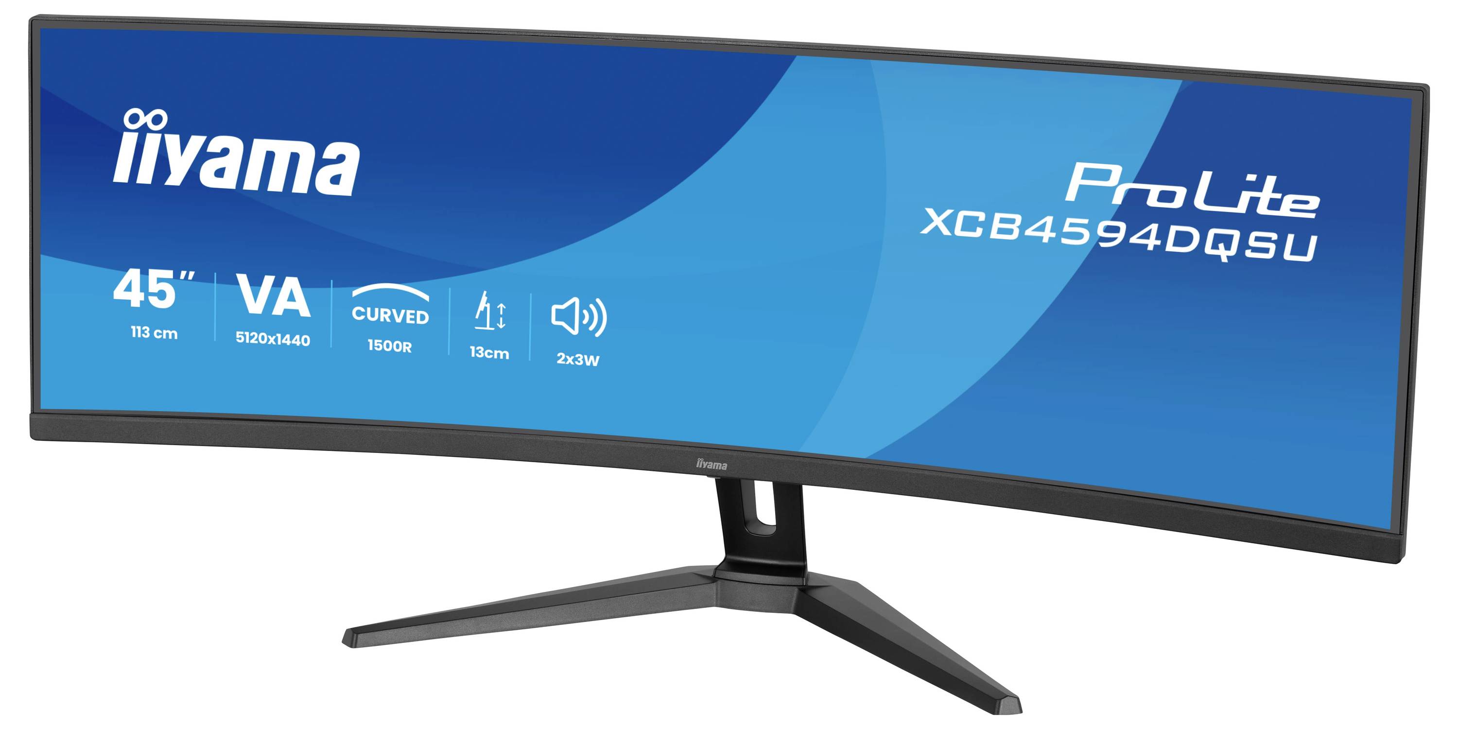 'Gebogen monitor met een 45-inch scherm, 5120x1440 resolutie, VA-paneel, 1500R-kromming. Model: ProLite XCB4594QDSU van iiyama.'
