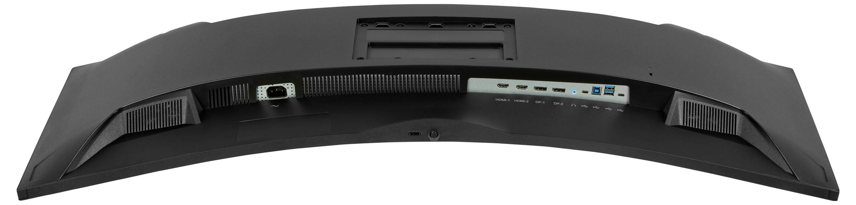 De afbeelding toont de achterkant van een gebogen computermonitor met verschillende poorten waaronder display-, HDMI- en USB-aansluitingen die toegankelijk zijn voor verbindingen.