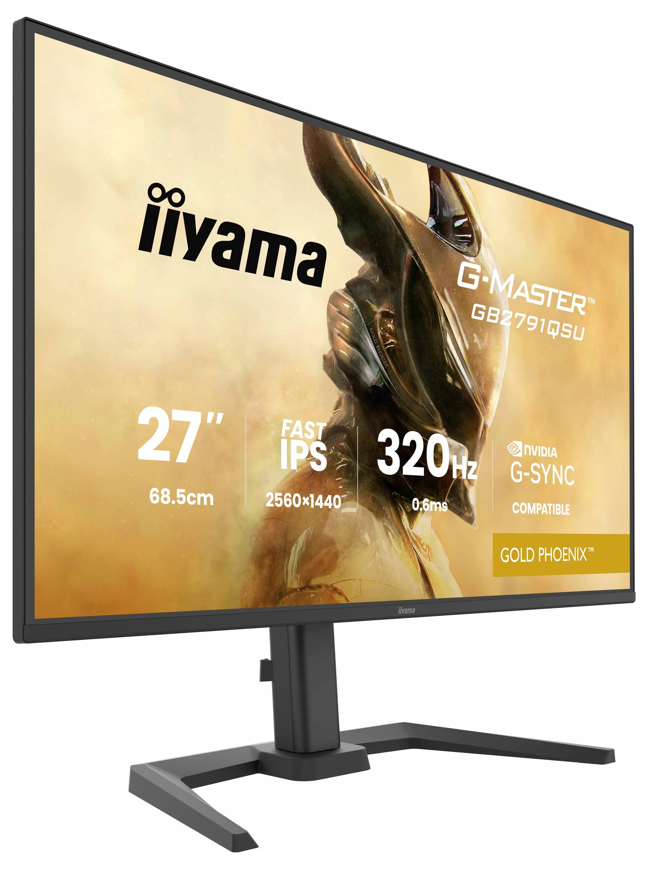 De afbeelding toont een computermonitor met een 27-inch IPS-scherm, resolutie van 2560x1440 en een verversingssnelheid van 320Hz, met branding voor 'iiyama' en 'G-Master Gold Phoenix'.
