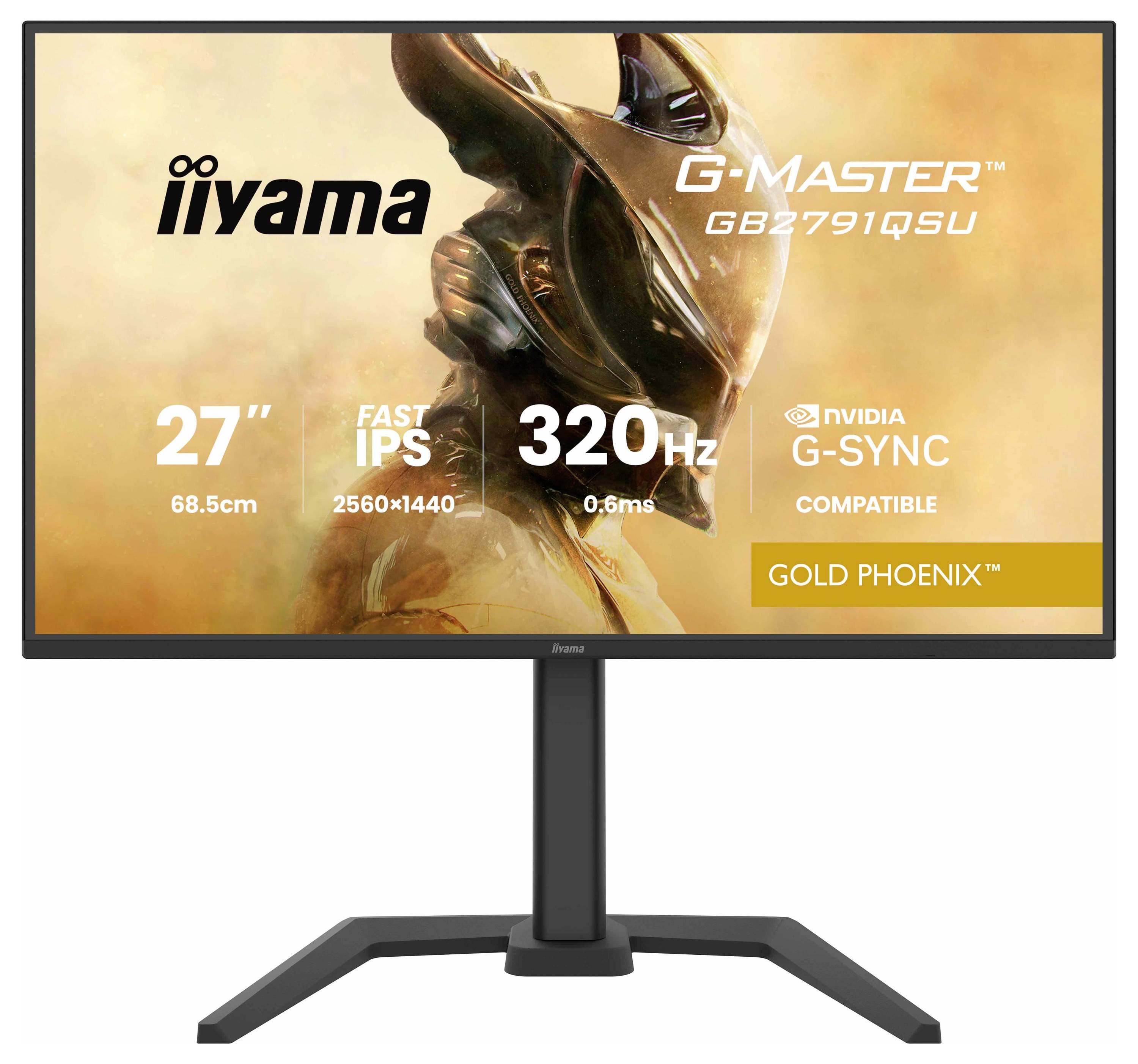 Een monitor met het iiyama G-Master GB2791QSU-model. Functies zijn onder andere een 27"-scherm, Fast IPS, 2560x1440-resolutie, 320Hz verversingsfrequentie.