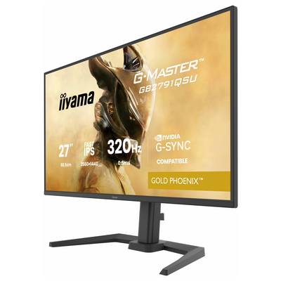 Een computermonitor die een afbeelding toont van een futuristisch gepantserd karakter met de tekst 'G-Master GB2791QSU, 27", 320Hz, NVIDIA G-SYNC compatible'.