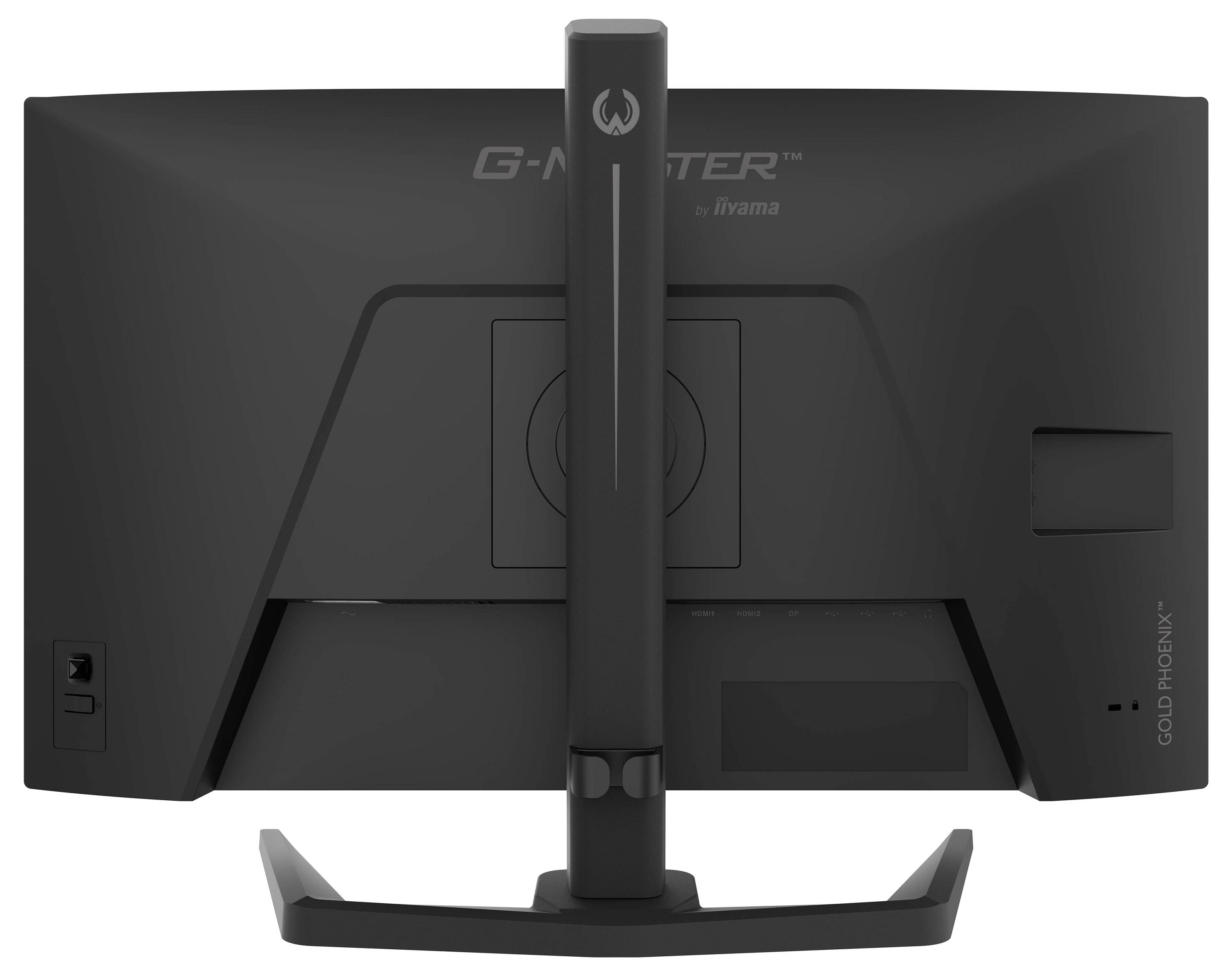 Achteraanzicht van een zwarte computermonitor met een stevig standaard, waarop aansluitpoorten en ventilatieluiken zichtbaar zijn.