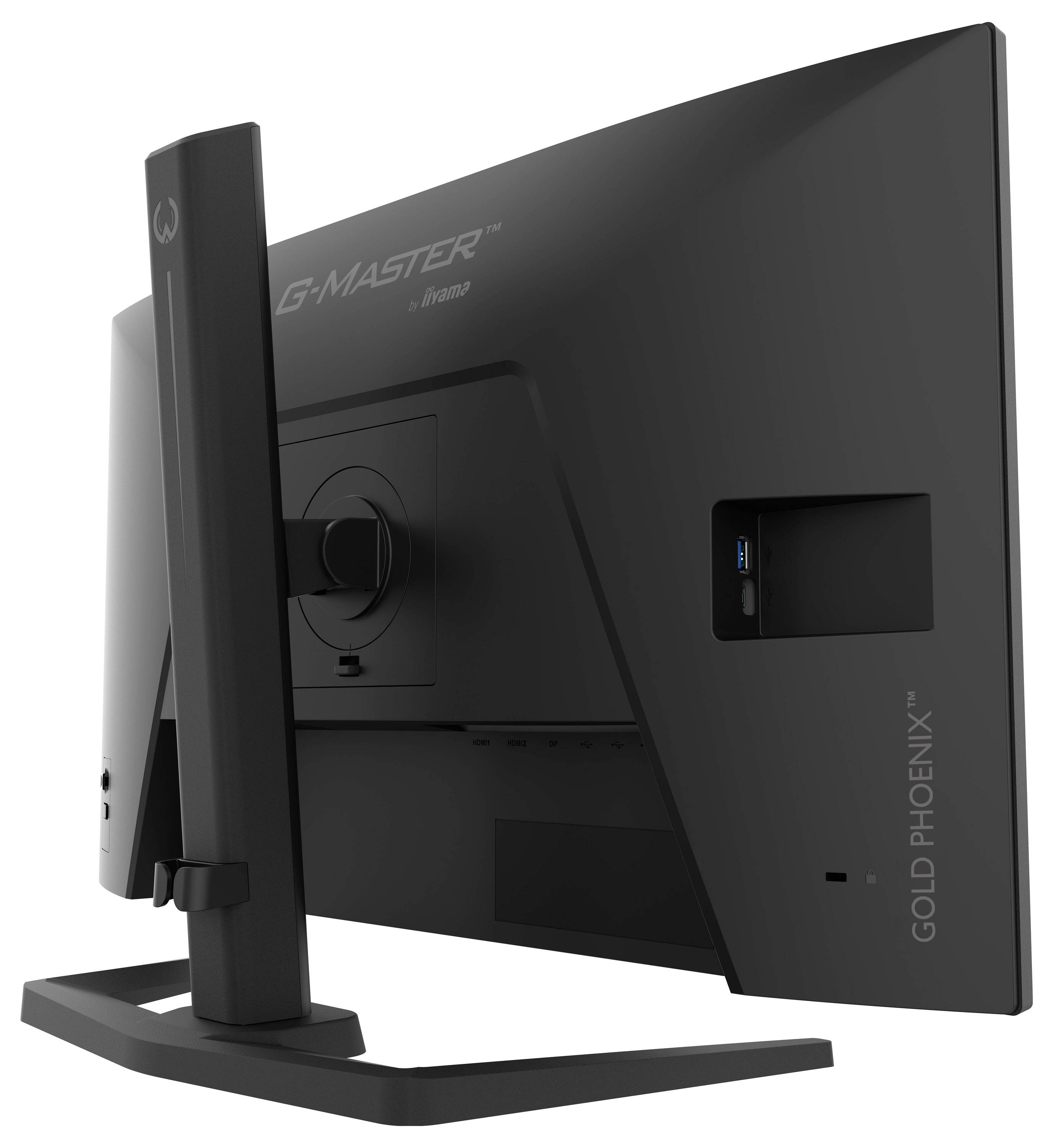 'Een zwart computerbeeldscherm van achteren bekeken, met het standaard en de tekst 'G-Master Gold Phoenix' op de achterkant.'