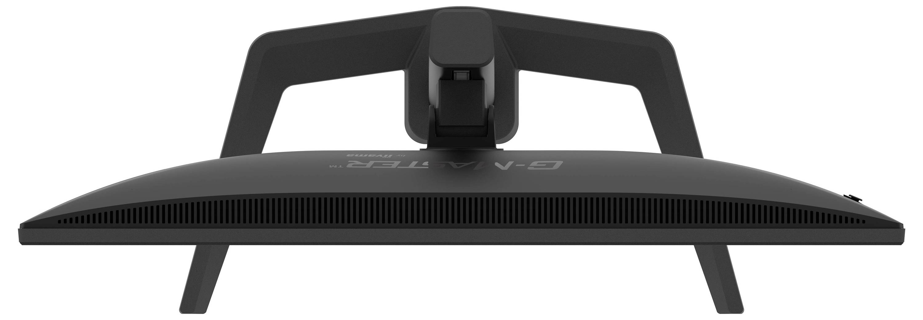 Een zwarte computermonitor gezien van achteren, met zicht op de gebogen vorm en een stevig onderstel.