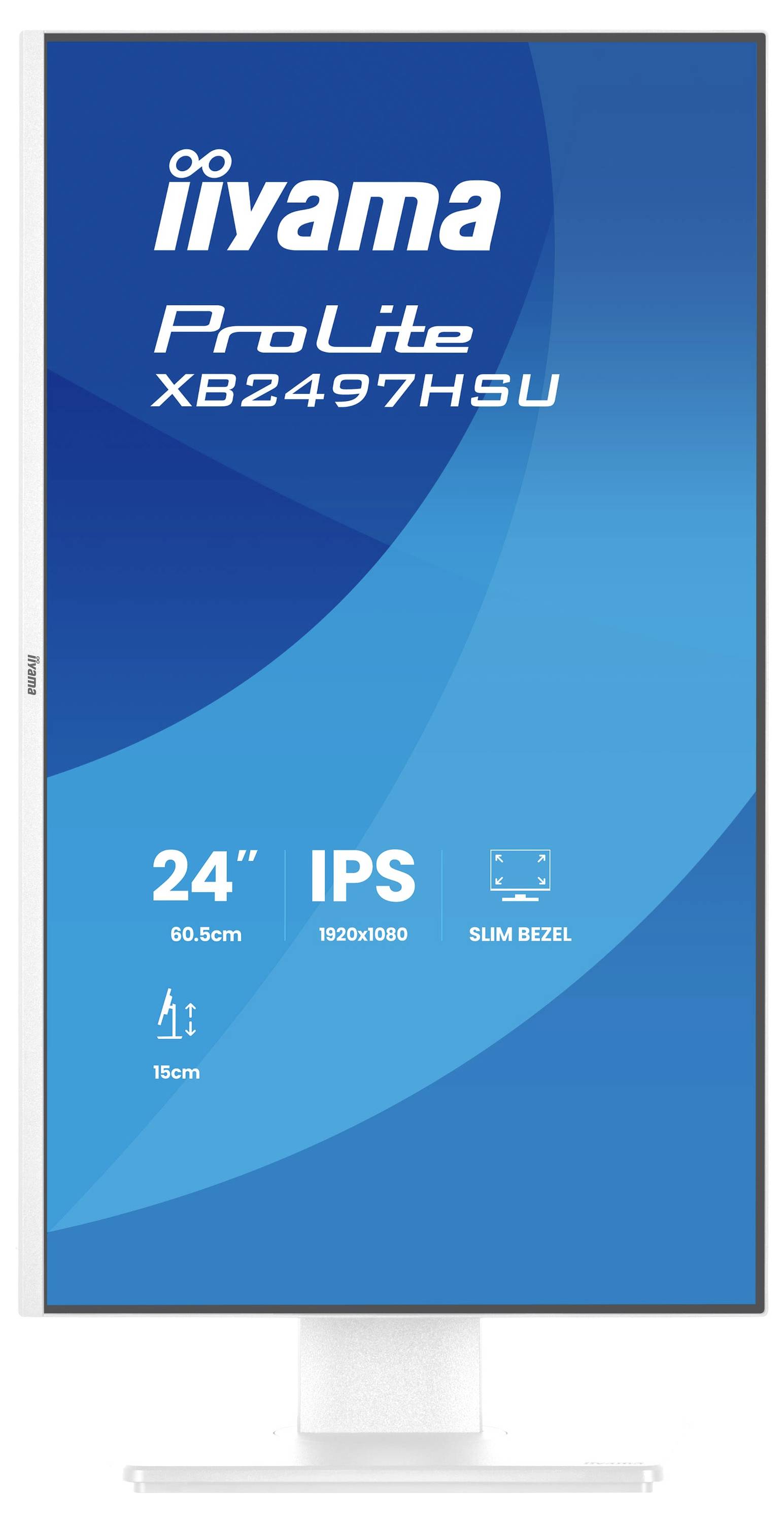 De afbeelding toont een Iiyama ProLite XB2497HSU-monitor met een 24-inch IPS-scherm, 1920x1080-resolutie, smal bezelrand en 15 cm hoogteverstelling.