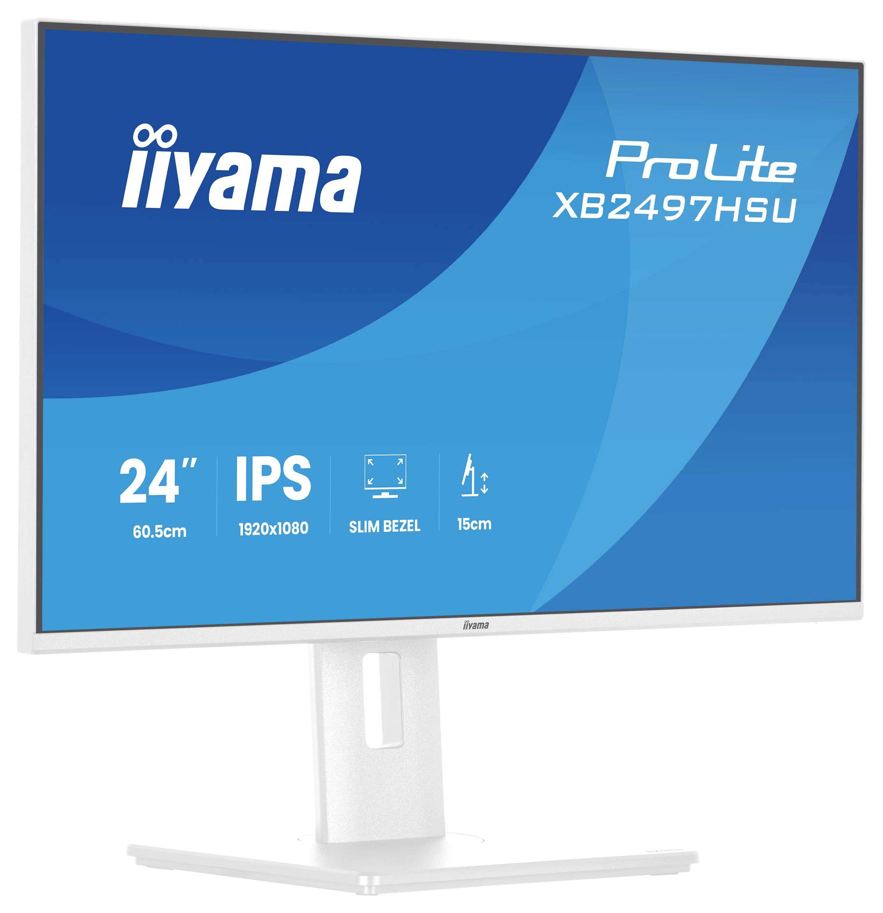 Iiyama monitor ProLite XB2497HSU, 24-inch IPS-display, 1920x1080 resolutie, smal kader, hoogteverstelling tot 15cm.