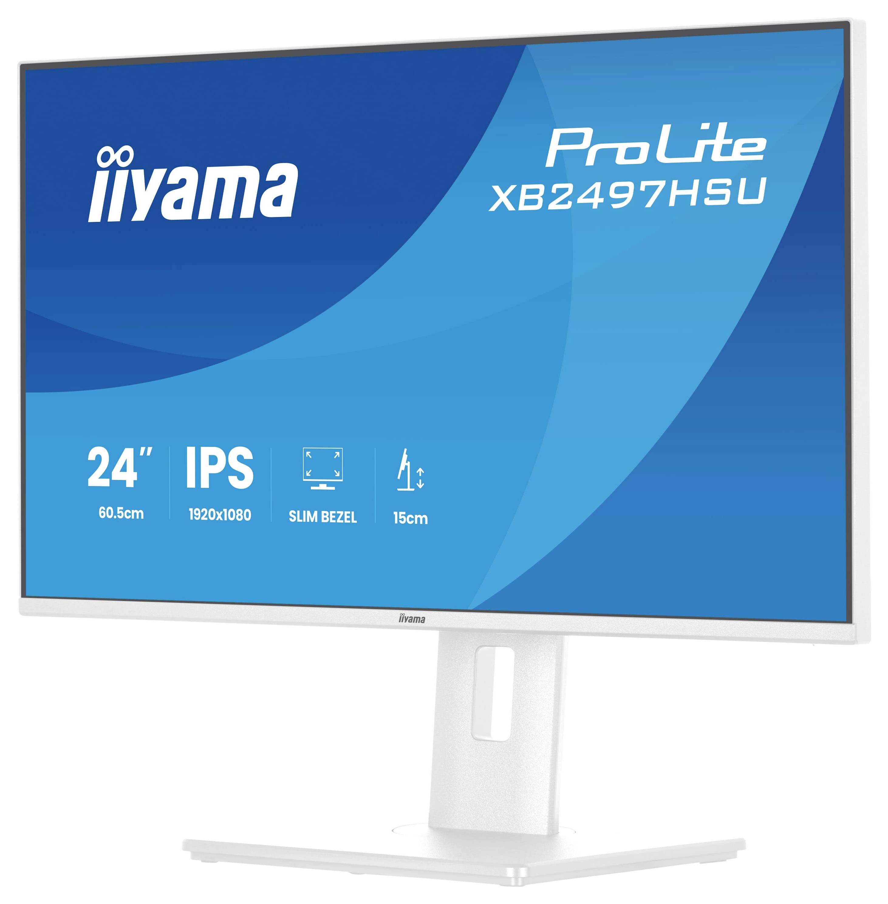 'ProLite XB2497HSU' monitor van 'iiyama', met een 24-inch display, 1920x1080 resolutie, IPS-technologie en smal randontwerp.