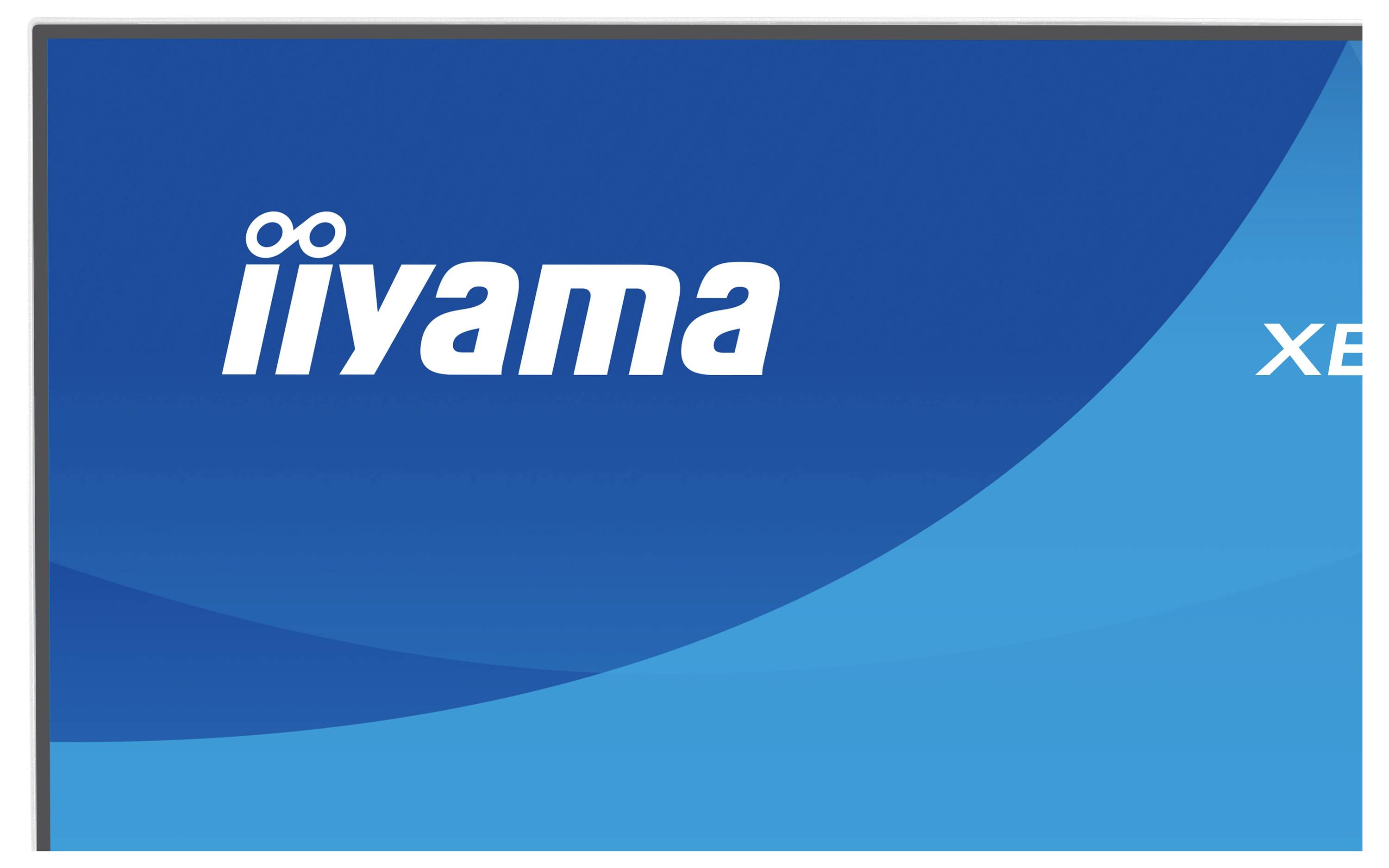 De afbeelding toont het logo en de branding van 'iiyama', een bedrijf dat bekend staat om elektronische beeldschermen, op een blauwe achtergrond.