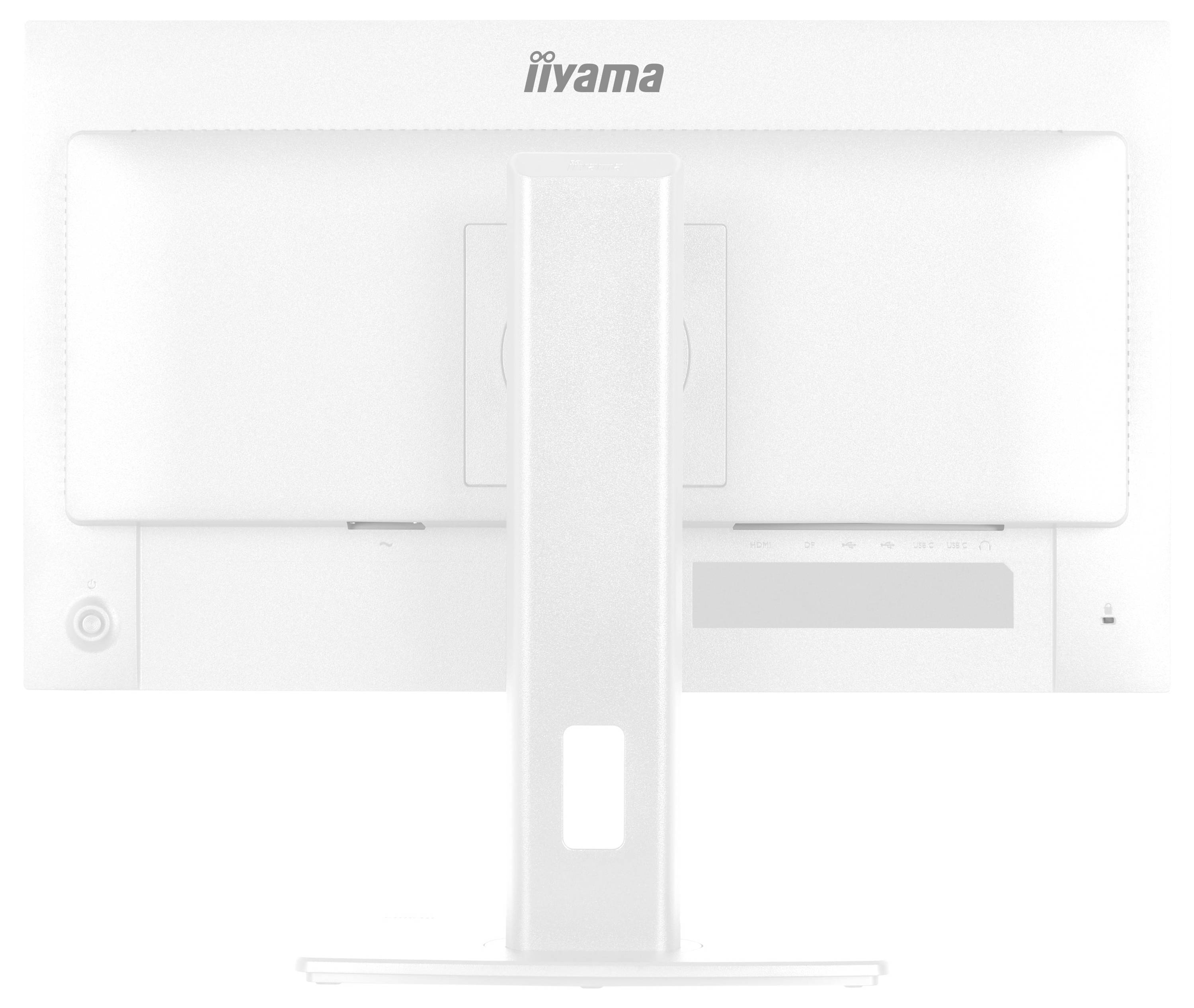 Achterkant van een witte computermonitor met een breed rechthoekig voetsteun.