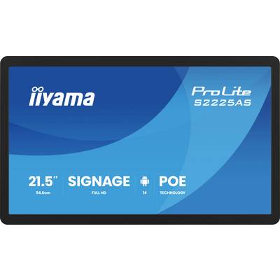 'Iiyama ProLite S2225AS' beeldscherm. Kenmerken: 21,5 inch, Full HD, POE-technologie. Blauw scherm met merk- en modelinformatie.