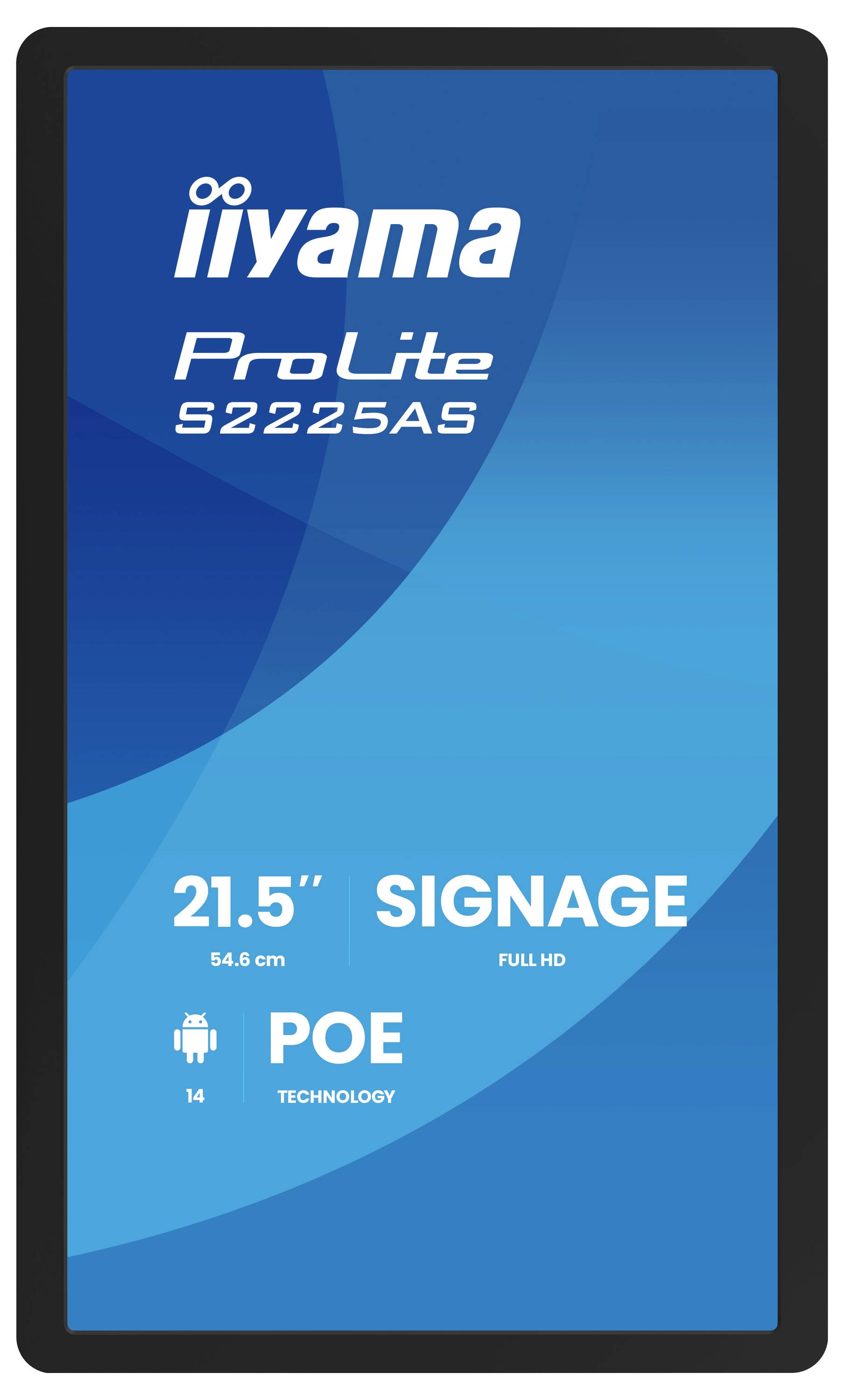 'ProLite S2225AS' display van Iiyama, 21,5-inch, full HD, met 'Signage' en 'PoE-technologie' tekst op een blauwe verloopachtergrond.