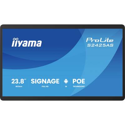 'Iiyama ProLite S2425AS' schermweergave, met '23.8" Full HD Signage, POE-technologie, 60.5cm, Android 14' functies.