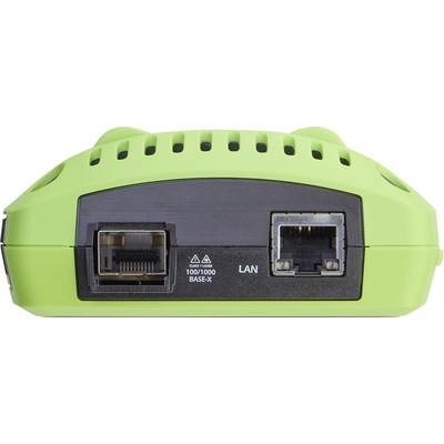 Een groene netwerkschakelaar met twee poorten: één geëtiketteerd '100/1000 Base-X' en een ander geëtiketteerd 'LAN', gebruikt voor internetconnectiviteit.