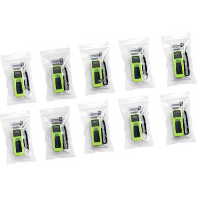 'Tien groene digitale spraakrecorders in doorzichtige verpakking, elk met inbegrepen AAA-batterijen en oordopjes, gerangschikt in twee rijen.'