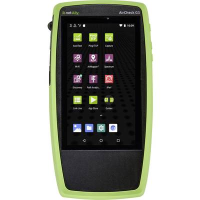 Een handheld netwerktestapparaat met een touchscreen dat verschillende diagnostische pictogrammen weergeeft, zoals 'AutoTest' en 'Ping/TCP' op het scherm.
