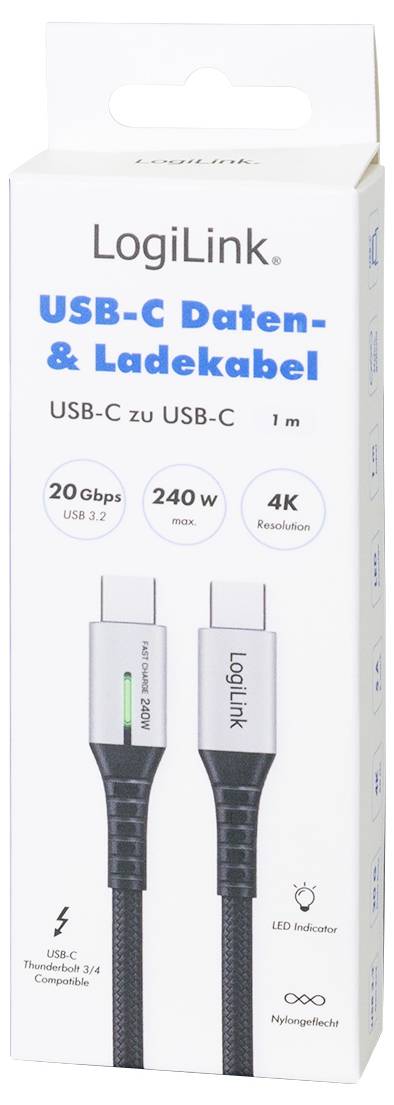 LogiLink CU0442 USB-C-kabel USB 3.2 Gen2x2 USB-C stekker 1.00 m Zwart Met LED, 4K UHD, Stekker past op beide manieren-7