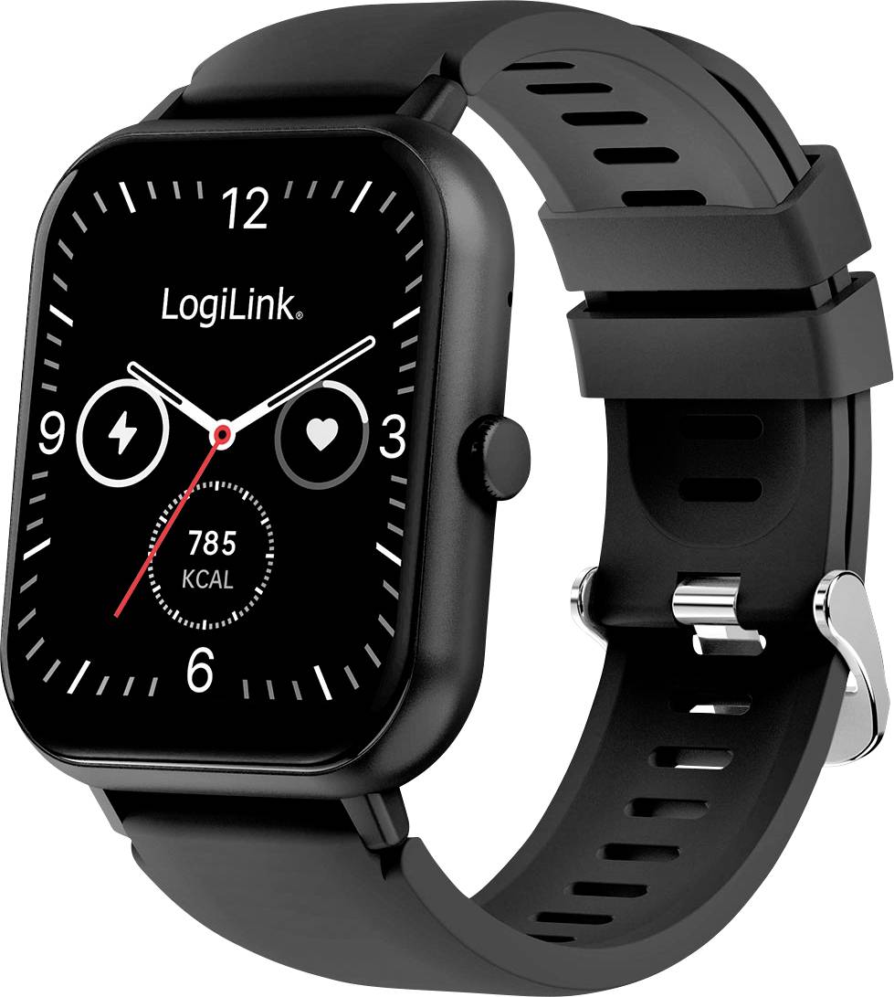 Een zwarte smartwatch met een ronde klokweergave met witte cijfers en wijzers, pictogrammen voor batterij en hartslag, plus 785 Kcal-tekst.