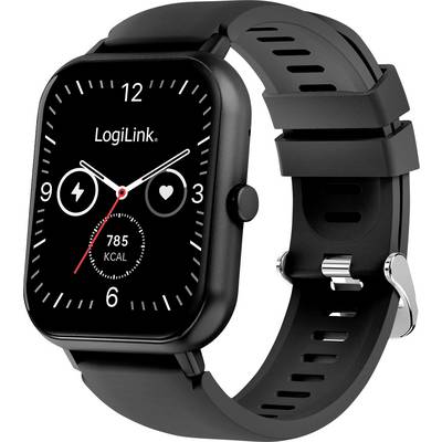 Een zwarte smartwatch met een ronde klokweergave met witte cijfers en wijzers, pictogrammen voor batterij en hartslag, plus 785 Kcal-tekst.
