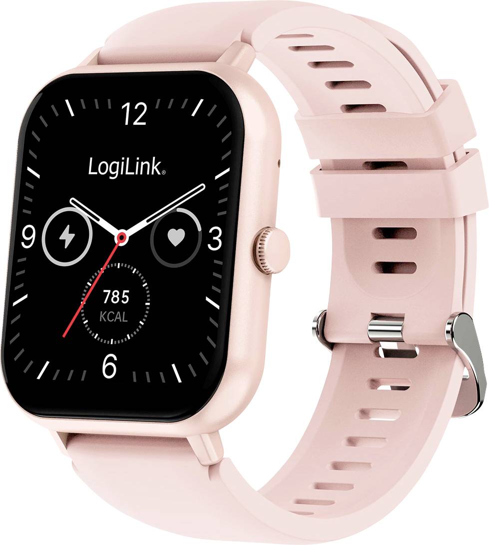 Een roze smartwatch toont 'LogiLink' op het zwarte scherm en geeft de tijd, hartslag en verbrande calorieën weer.