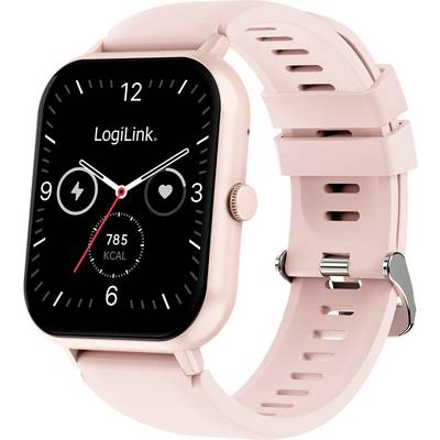 Een roze smartwatch toont 'LogiLink' op het zwarte scherm en geeft de tijd, hartslag en verbrande calorieën weer.