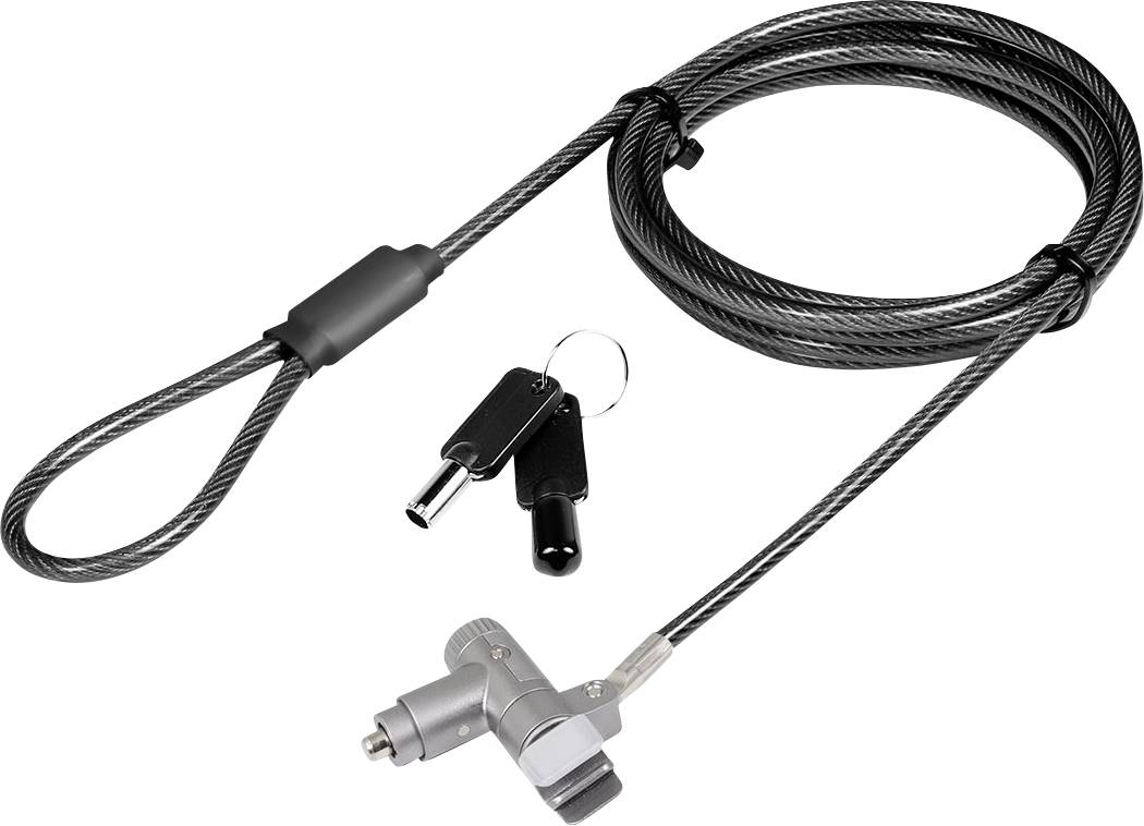 Een beveiligingskabelslot met twee sleutels wordt weergegeven, ontworpen om laptops of ander elektronisch apparatuur vast te zetten. De kabel is van metaal en het slot is compact.