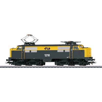 Een geel en zwart elektrisch treinmotor met het nummer '1210' en een embleem op de zijkant wordt weergegeven op een spoorprofielweergave.