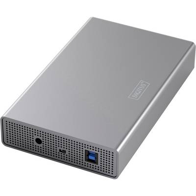 Een zilveren externe harde schijf met poorten en connectoren aan de zijkant, gebruikt voor het opslaan van digitale gegevens.