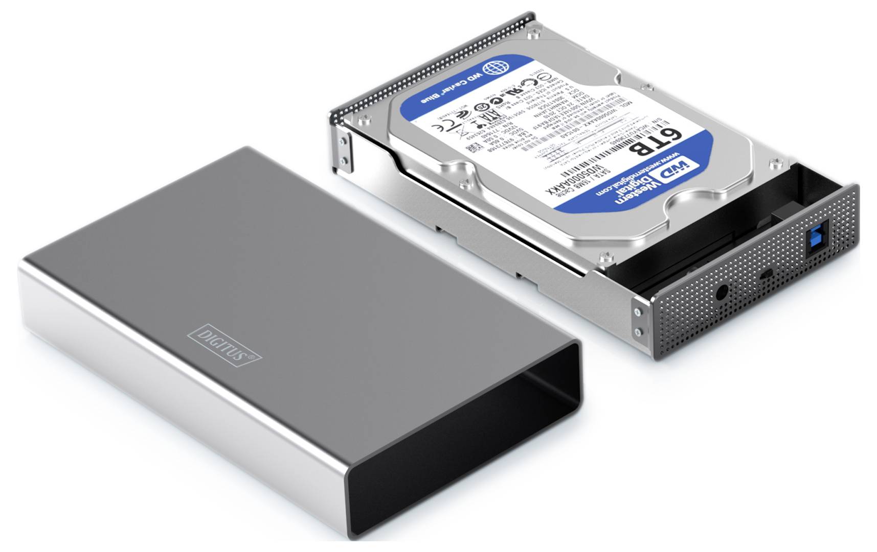 'Externe 6TB harde schijf' gedemonteerd om de metalen behuizing en interne schijfstation met een blauw etiket te tonen.