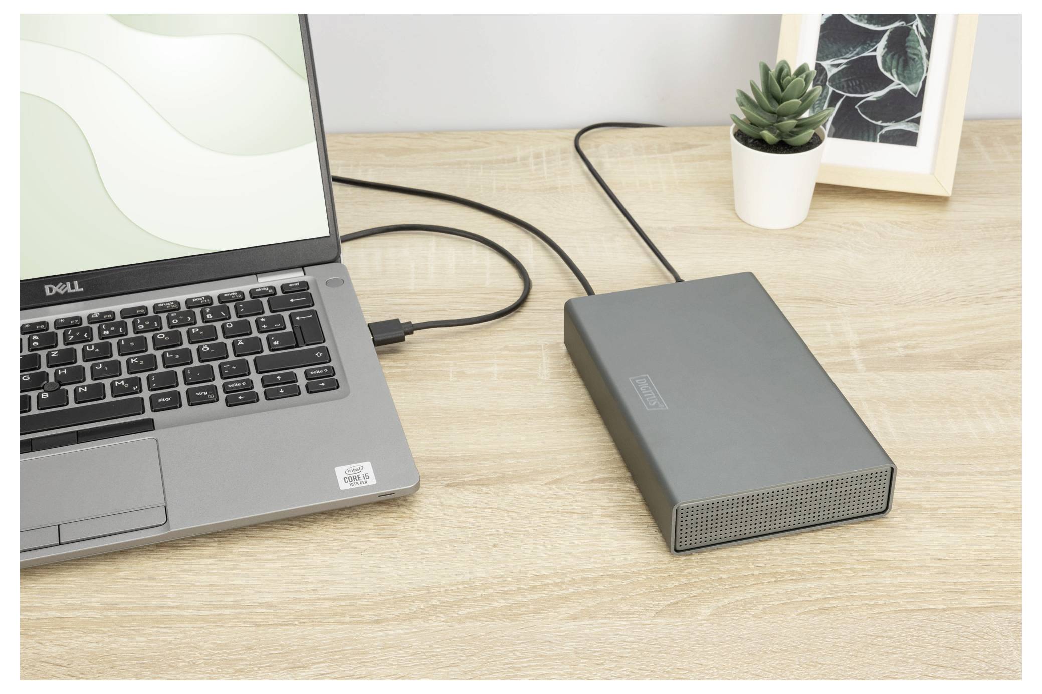 Een laptop verbonden met een externe harde schijf op een houten bureau, met een klein plantje en een ingelijste foto op de achtergrond.