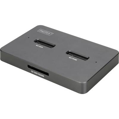 'M.2 SATA'- en 'M.2 NVME'-slots zijn zichtbaar op een zwart apparaat met het label 'DIGITUS'. De voorkant beschikt over een 'SD Card Reader'-slot.