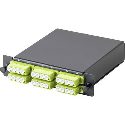 Een rechthoekig zwart glasvezel patchpaneel met meerdere groene LC-connectoren gerangschikt in twee rijen, gebruikt voor netwerkkabeelbeheer.
