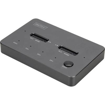 'M.2 NVME' duplicator apparaat dat voortgangsindicatoren toont, poorten voor twee M.2 NVME-schijven, en een 'Kopieren'-knop op een donker oppervlak.