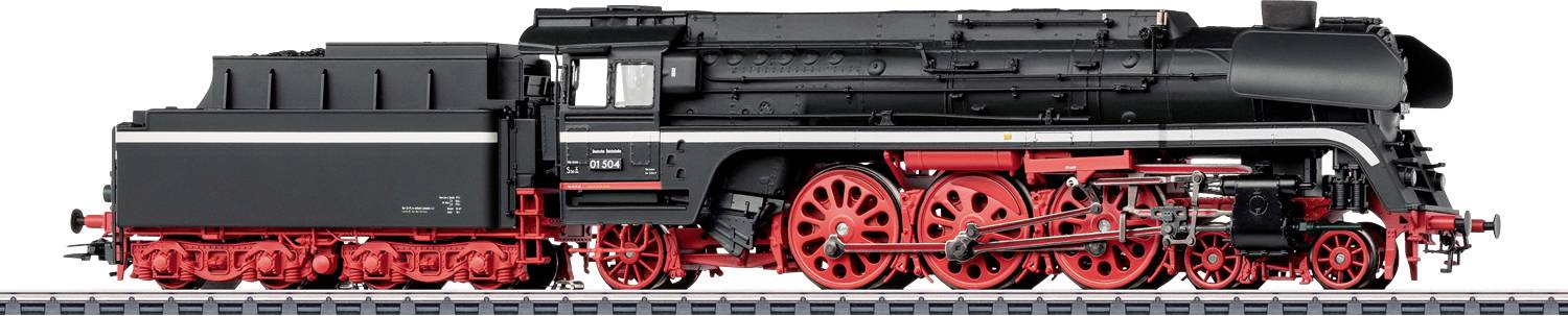 Een gedetailleerd model van een zwart-rode stoomlocomotief op een spoor, met ingewikkelde wiel- en motorcomponenten.