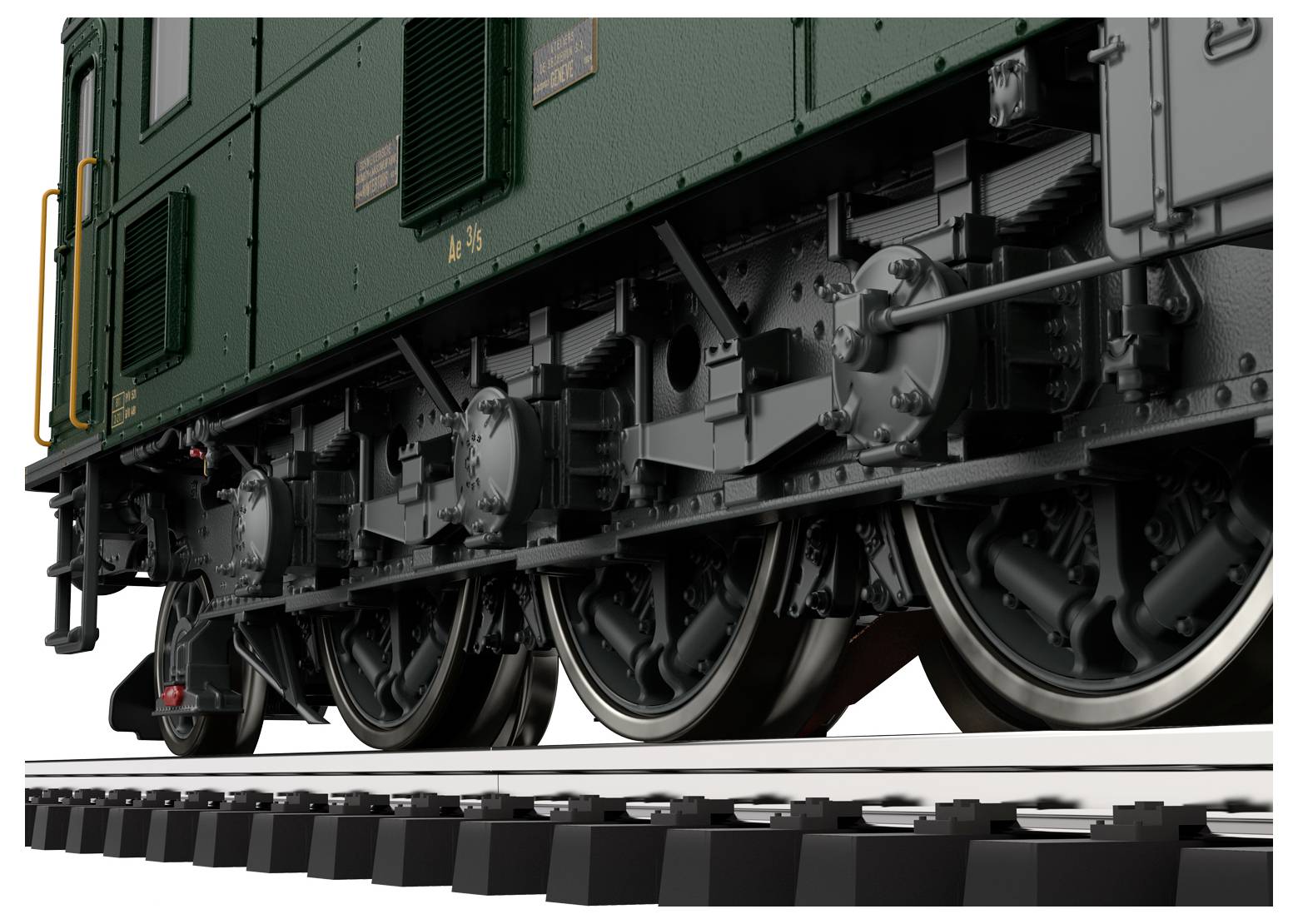 Close-up beeld van de wielen en onderstel van een vintage trein op spoorwegen, met mechanische details en robuuste constructie.