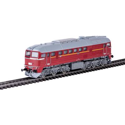 Een gedetailleerd model van een rood en grijs trein op een spoor, met realistische kenmerken zoals ramen, wielen en een gedetailleerd exterieurontwerp.